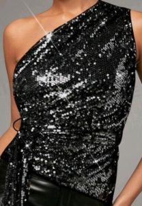 Adult Female Costumes to Hire - One shoulder black sequin pleated blouse  - LARGE